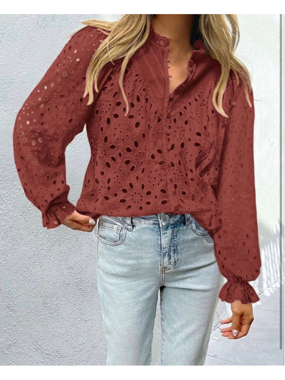 NEW Long Sleeve Button V Neck Hollow Out Lace Embroidered Shirt S - Picture 4 of 8